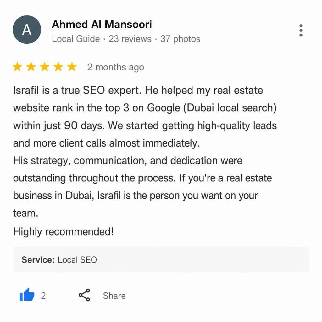 Google Review review from Ahmed Al Mansoori — Local SEO — Top 3 Dubai in 90 days