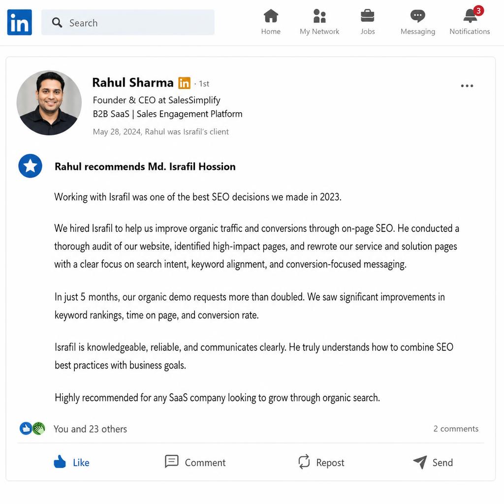LinkedIn review from Rahul Sharma — On-page SEO — demos doubled in 5 months