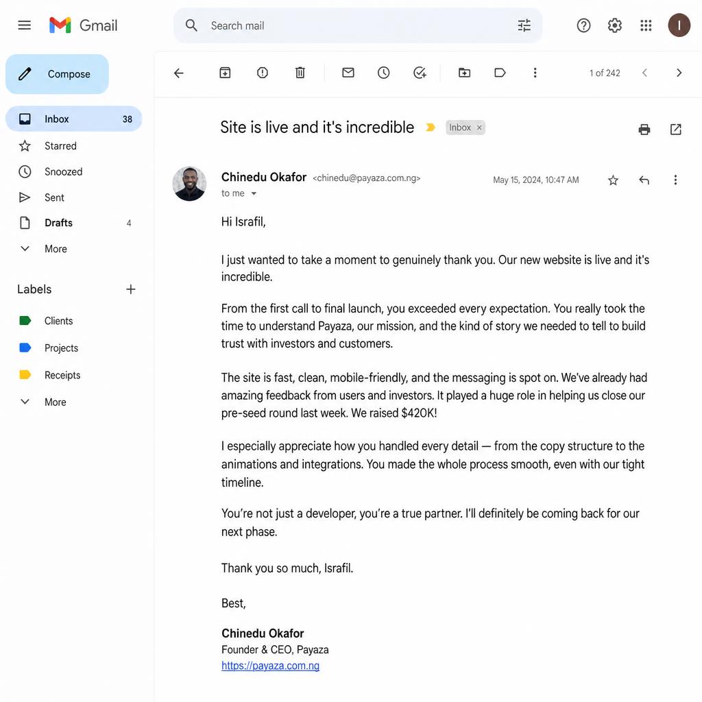 Email review from Chinedu Okafor — Custom WordPress — closed pre-seed round