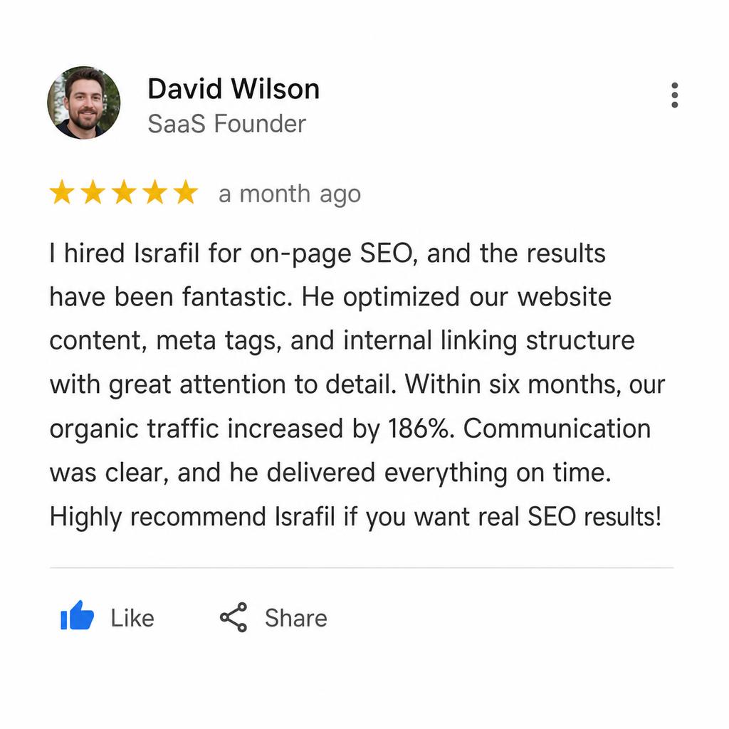 Google Review review from David Wilson — On-page SEO — organic traffic +186%