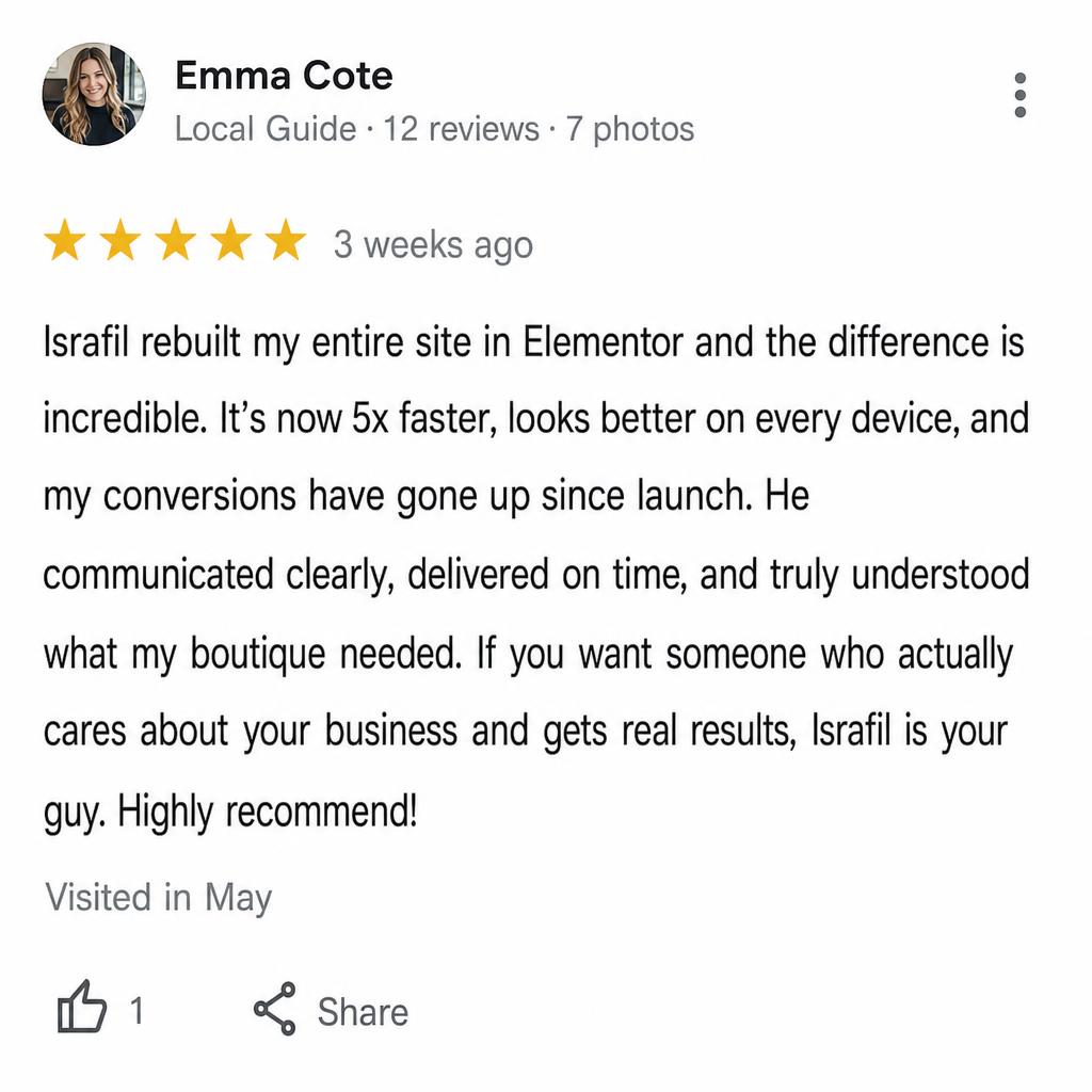 Google Review review from Emma Cote — Elementor rebuild — 5x faster