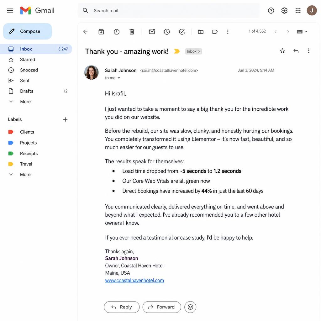 Email review from Sarah Johnson — Elementor rebuild — bookings +44%
