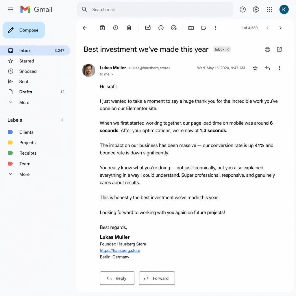 Email review from Lukas Muller — Speed 6s → 1.3s — conversions +41%