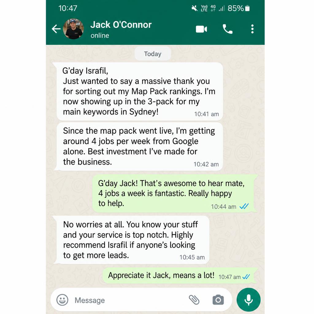WhatsApp review from Jack O'Connor — Sydney map pack — 4 jobs/week