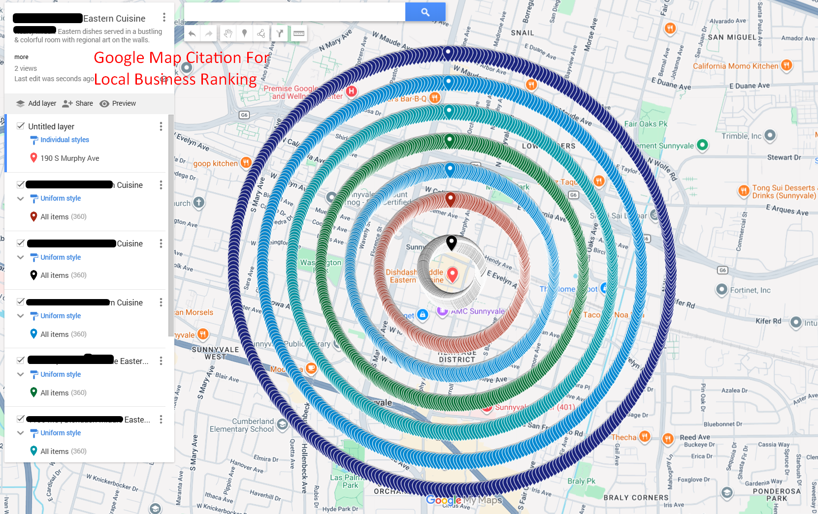 Google Map citation portfolio sample — 300+ pins arranged in concentric rings for a local business