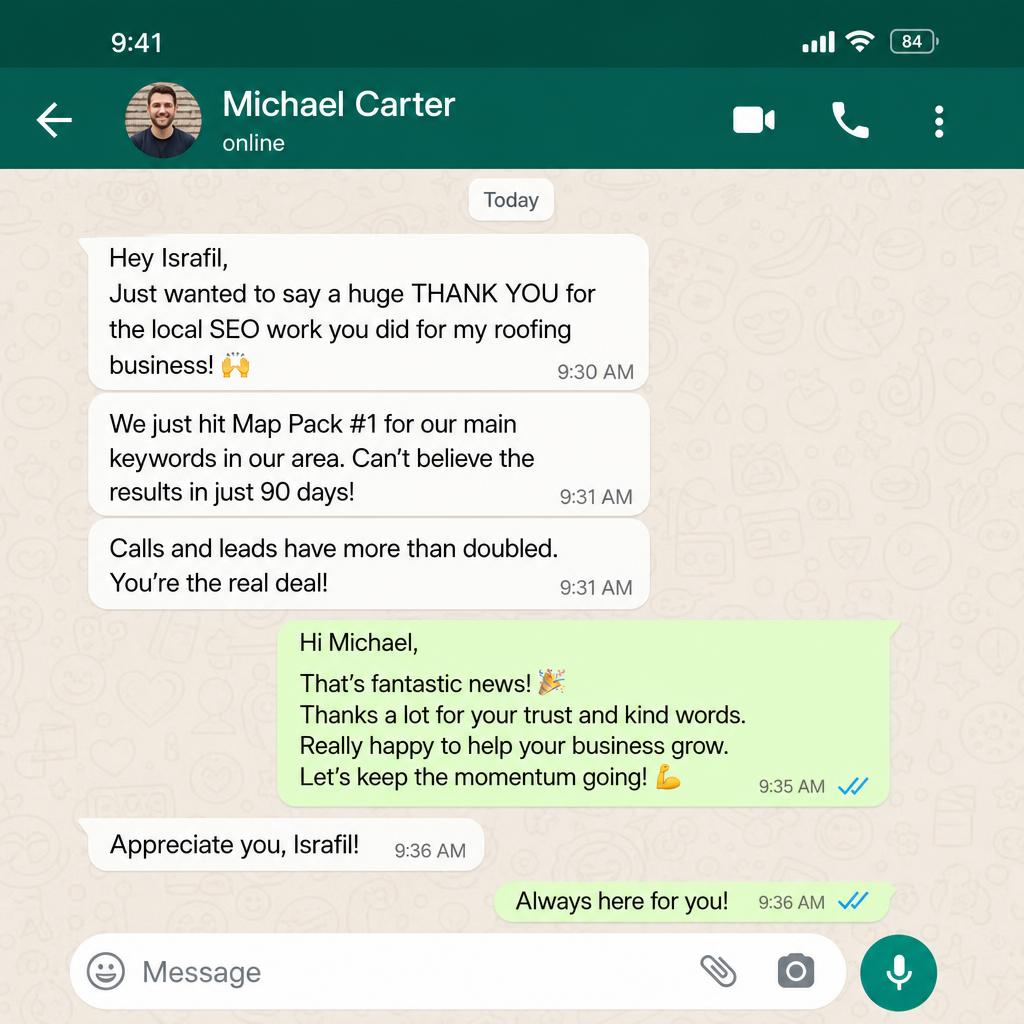 WhatsApp review from Michael Carter — Local SEO — Map Pack #1 in 90 days