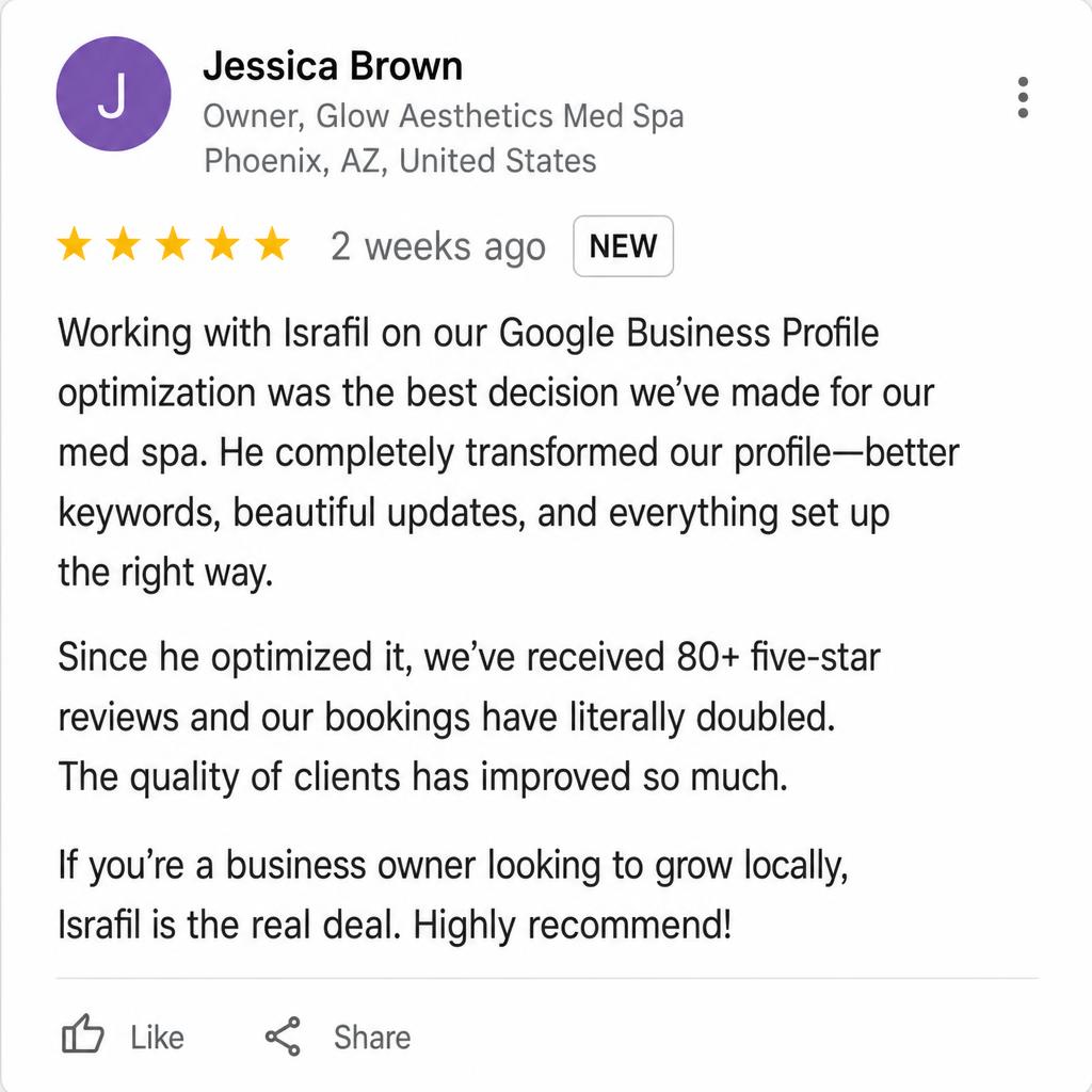 Google Review review from Jessica Brown — GBP — 80+ five-star reviews, 2x bookings