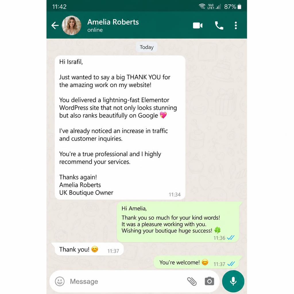 WhatsApp review from Amelia Roberts — Elementor site — fast & ranking